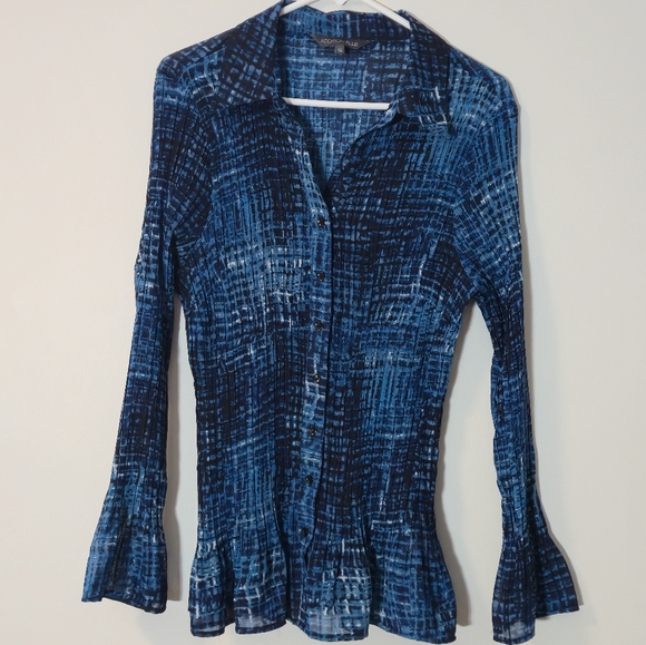 Addition Elle Tops - Addition Elle 16 Blouse Button Down Blue Sheer Plissé Flared Sleeve Plus Boho